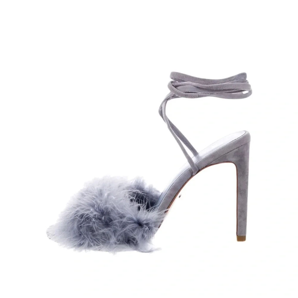 NEW Raye‎ Fara Periwinkle Lavender Feather and Suede Strappy Heels 8.5 - Picture 3 of 8